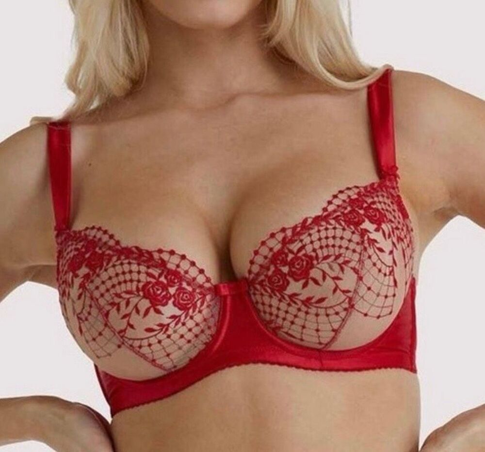 Dita Von Teese 34C Julie's Roses Underwire Bra red lace sheer unlined lingerie